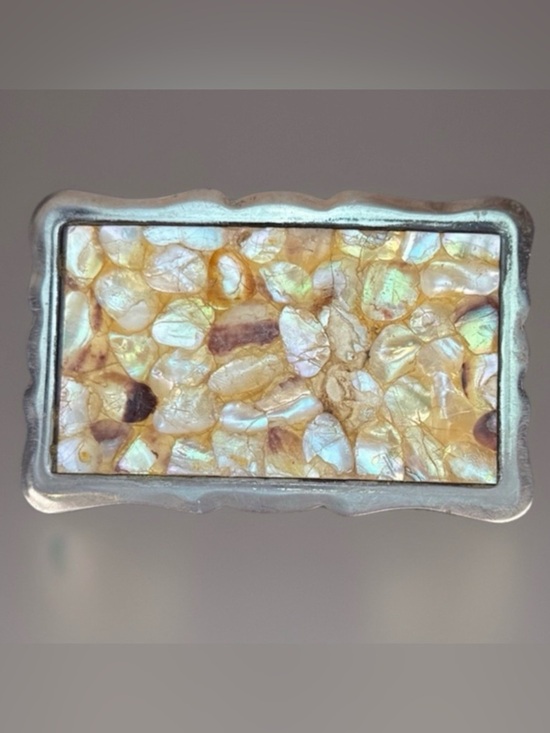 Vintage weighted, abalone mother of pearl shell, Silvertone 3”x2” belt buckle main image 4